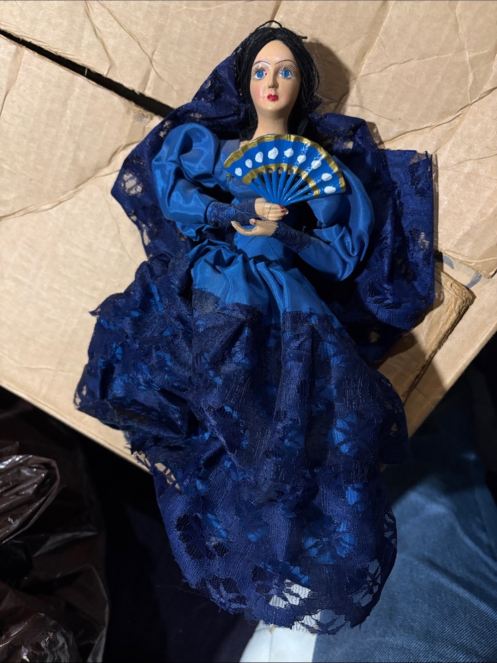 Handcrafted vintage Spanish flamenco dancer Blue Fabric Decorative Doll with Fan